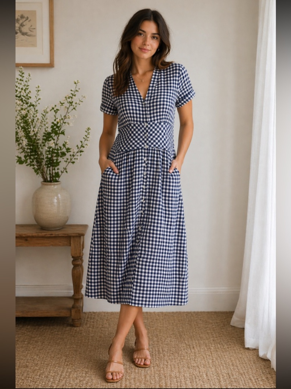 Sea New York Navy Gingham Button Front Midi Dress Sz 6 Empire Waist Cotton